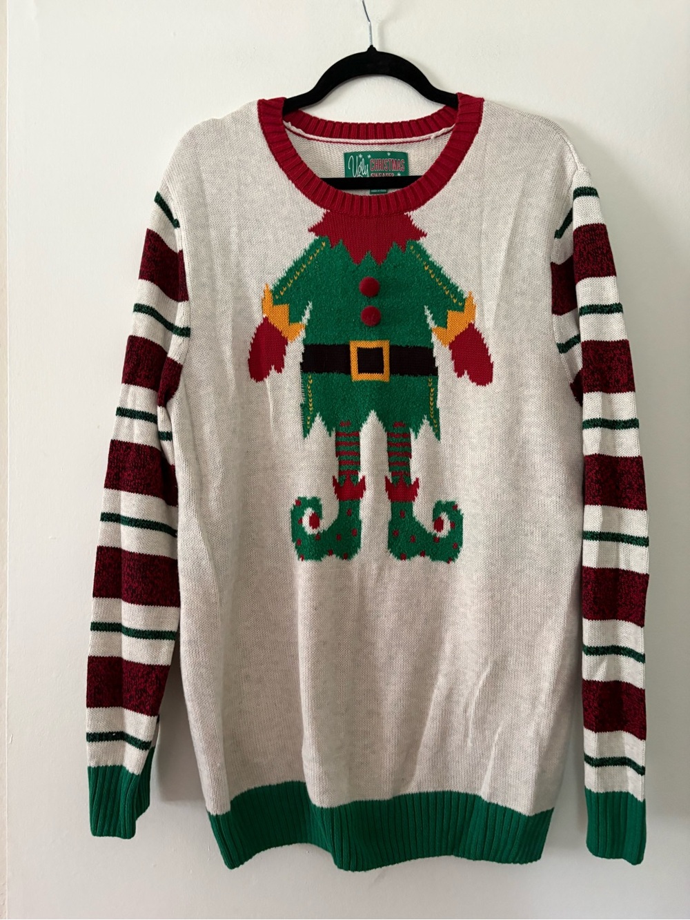 Ugly Christmas Elf Sweater Men Crewneck - Cream, Green & Red